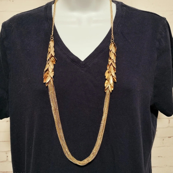 Women's Gold Tone Fashion Statement Multi Strand Leaf Petal Necklace - Picture 1 of 10